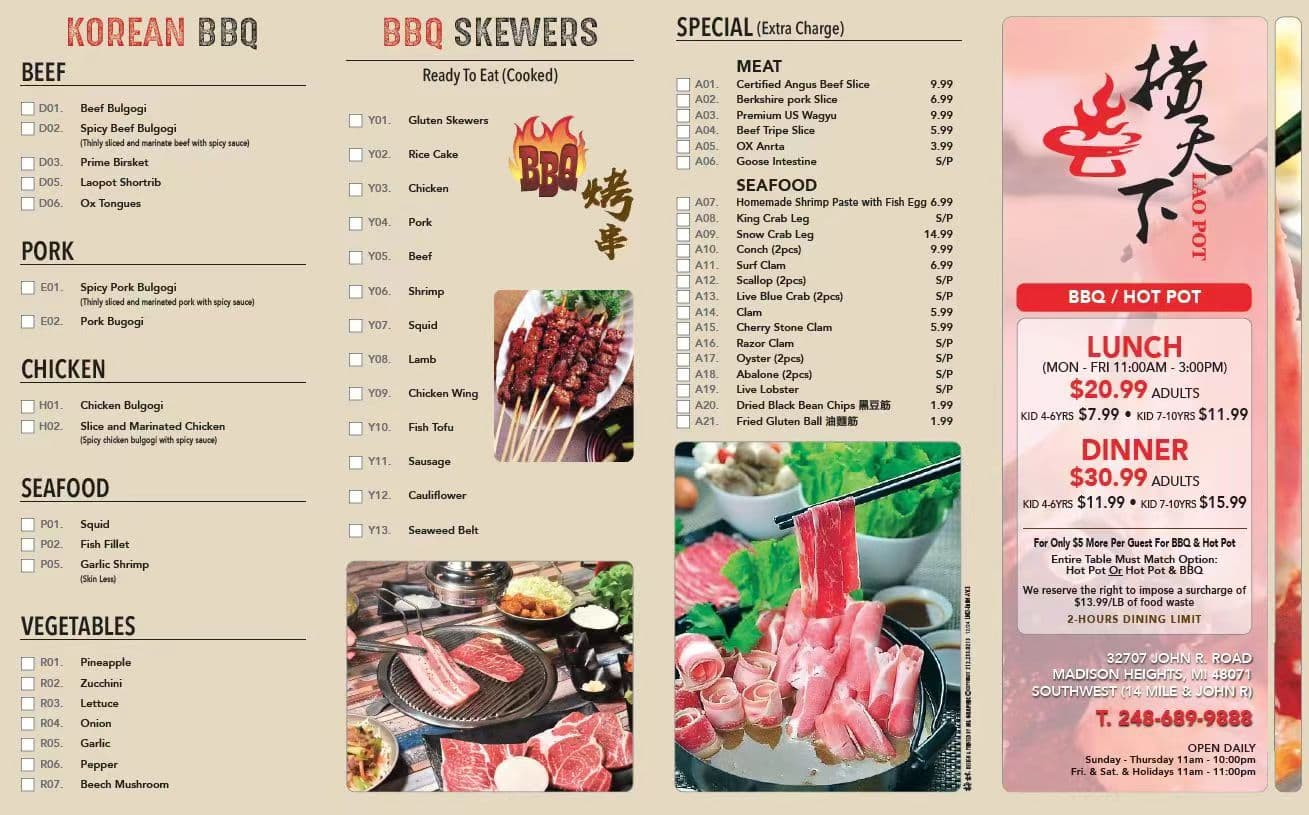 Printed all-you-can-eat menu, page 1: Korean BBQ, BBQ skewers, extra-charge specials and the lunch and dinner prices.